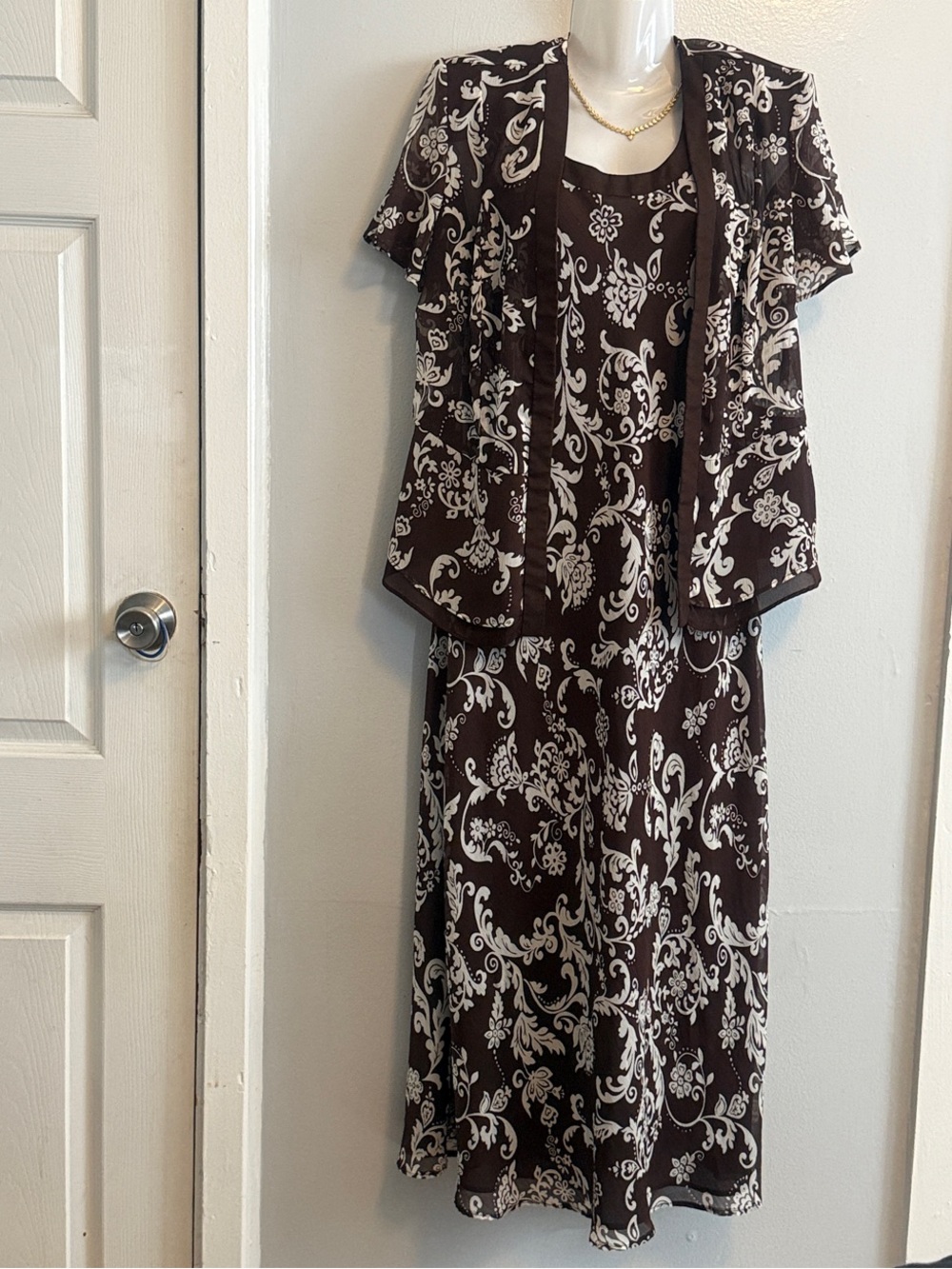 Studio I Brown and Cream Floral Maxi Dress with Coordinating Jacket